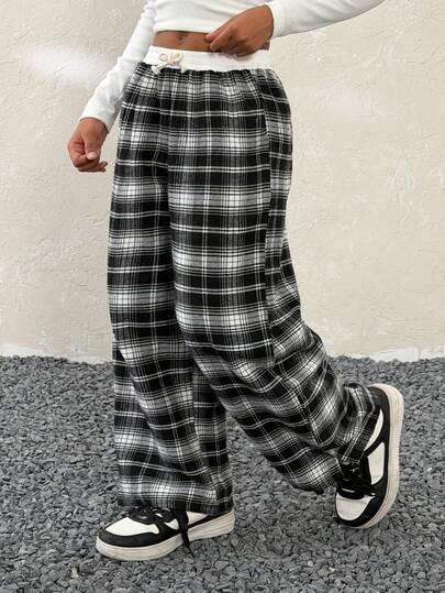 Coolane Kids Tween Girl Summer/Winter/Spring Plaid Wide Leg Pants, Black & White Checked Loose Low Rise Trousers, Streetwear Basic Daily Wear, Party Holiday, Plaid Pants, Black And White Plaid Pants