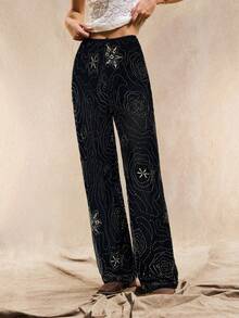 Easelle 女士波西米亚风串珠图案棕色宽松直筒裤，夏季 - 黑色 - 查看 6