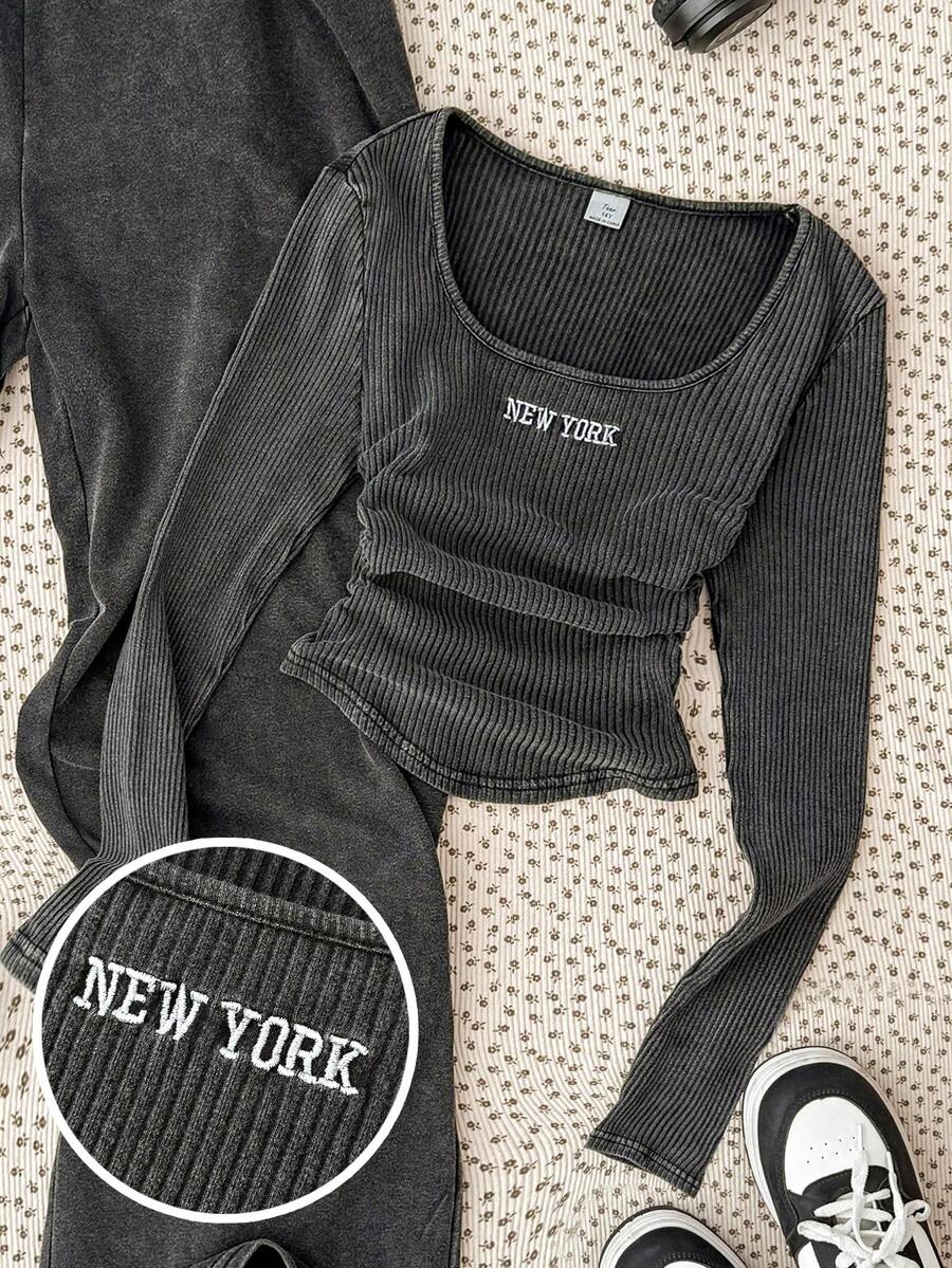 SHEIN 少女黑色雪花刺绣罗纹针织高领长袖T恤，适合秋冬季叠穿