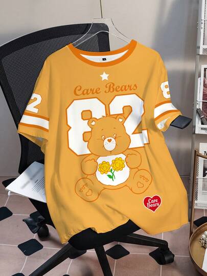 SHEIN X Care Bears Plus Size Summer Casual Numeric & Bear Print Round Neck Short Sleeve T-Shirt