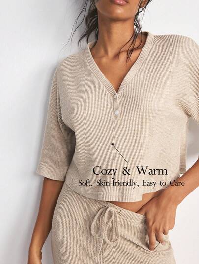 Ocili Leisure Soft Waffle Knit Pullover & Pants Pajama Set For Women, Comfortable & Chic Autumn/Winter Sleepwear