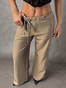 SHEIN PETITE 女士纯色日常百搭通勤休闲裤，腰部饰有孔眼装饰系带阔腿宽松休闲裤 - 咖啡棕 - 查看 4