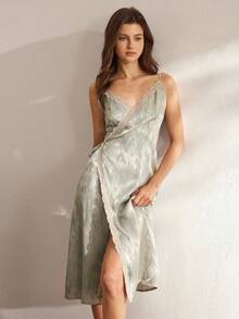 Ocili 女士休闲提花缎面吊带连衣裙，侧开衩设计 - 卡其色 - 查看 7