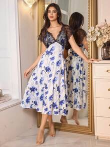 Elegant Lace Trim V-Neck Floral Print A-Line Long Women Nightgown - Multicolor - View 3