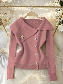 SHEIN LUNE Elegant Metallic Starfish Button Decor Collared Waist Cinched Cardigan, Blogger Style, Slim Fit - Dusty Pink - View 4