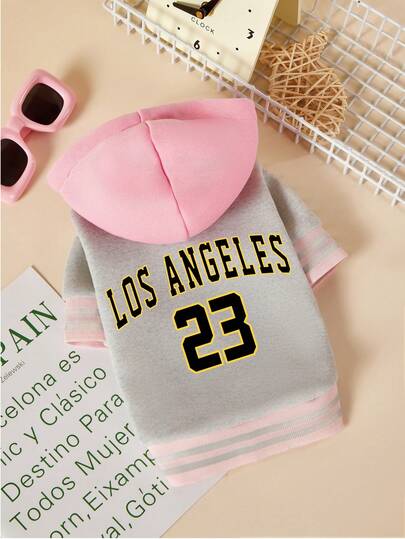 PETSIN 1件23字母印花宠物外套，灰色和粉色，厚实保暖，带帽子