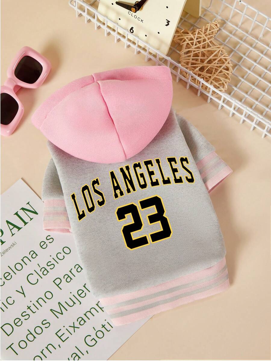 PETSIN 1pc 23 Letter Printed Pet Coat, Gray And Pink, Thick And Warm Pet With Hat - Multicolor - View 1