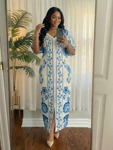 SHEIN Lady CURVE 大码优雅印花蝙蝠袖连衣裙，复活节连衣裙，女士沙滩装，复活节商务休闲度假波西米亚风连衣裙 - 彩色 - 查看 1