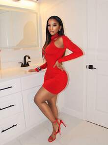 BamGleam 女士时尚性感纯色镂空长袖迷你连衣裙 - 紅色 - 查看 4