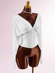 Amplova Women's Deep V-Neck Backless Loose Fit T-Shirt, Suitable For Early Spring - White - View 8