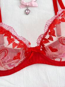 SHEIN 5件套红色爱心刺绣性感内衣套装