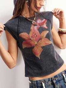 Bohemela Women's Summer Casual Floral Printed Cape Sleeve Slim Fit Washed T-Shirt, Christmas Floral New Year Holiday T-Shirt, Suitable For Casual Outings, Girls' Gatherings, Music Festivals, Parties, Layering, And Relaxing At Home. Party Top, Beach ,Graphic Tee, Everyday, Summer For Women, Easter, Rave Festival, Concert Women's Style, Music Holiday Holiday, Graphic Tee - Black - View 3