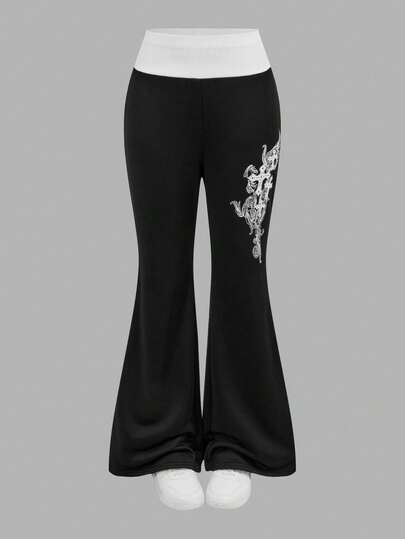 SHEIN Teen Girl Renaissance Fair Streetwear Vintage Y2K Grunge Graphics Stretchy Turn-Down Trousers Black Straight Leg Pants