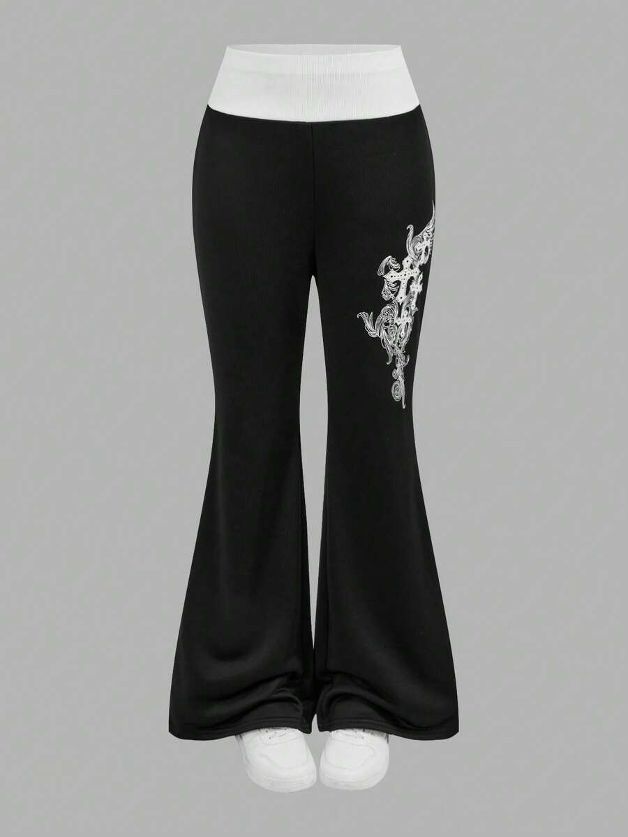 SHEIN 少女复古风街头服饰 Y2K Grunge 印花弹力翻边裤黑色直筒裤 - 黑色 - 查看 1