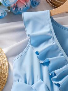 SHEIN Tween Girl V-Neck Ruffle Waist Tie Decor Fashion Party & Holiday Dress - Baby Blue - View 6
