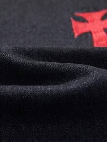 ROMWE MEN Men's Casual Washed Cross Embroidered Distressed Rhinestone Jeans - Black - View 4