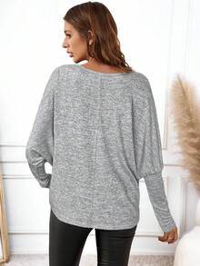 EMERY ROSE Women's Casual Solid Color Rhinestone Batwing Sleeve Basic T-Shirt, Autumn/Winter Grey Tops For Women - Grey - View 2
