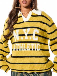 SUMWON WOMEN 超大款落肩条纹长袖V领针织套头衫，饰有NYC Athletic文字印花 - 黃色 - 查看 4