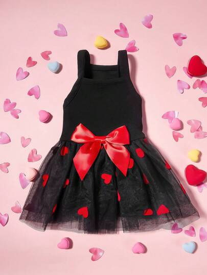 PETSIN 1pc Pet Valentine's Day Black Knit Patch Red Heart Flocked Mesh Bow Decor Cute Sweet Dog Dress