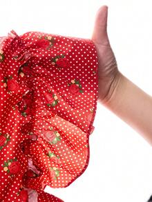 Set de 2 piezas de camiseta de punto de manga corta con cuello redondo y estampado de niña linda y falda con volantes de parches con estampado floral de rosas y lunares, color rojo, para niñas pequeñas en vacaciones - Rojo - Ver 8