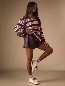 SHEIN BAE Quần short nữ màu nâu đậm xếp ly, ống rộng, chất liệu satin phối màu, thích hợp cho kỳ nghỉ hè, hoạt động ngoài trời, mùa thu đông, đi chơi, mặc thường ngày. Thích hợp cho năm mới. - Màu Tím - Xem 7