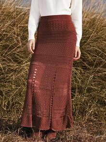 Chiquease 女士A字针织半身裙，镂空纹理设计，时尚百搭，适合日常穿着，秋冬季 - 酒紅色 - 查看 4