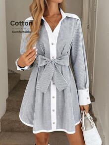 Easowa Farbblock-Patchwork-Kragen, Laternenärmel, A-Linie, langärmliges Kleid, lässig, locker, Pendler-Vintage-Stil, kurzes Damenkleid, gestreiftes Hemdkleid, Kleid mit Taillenschnürung, langärmliges Hemdkleid, adrettes Kleid, lässiges Kleid - Verschiedenfarbig - Übersicht 3
