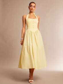 Silquee Váy xòe chữ A thắt eo hở lưng màu vàng thời trang xuân/hè, váy bồng, váy không tay, váy sinh nhật, thích hợp cho hẹn hò, đi chơi, tiệc hộp đêm, tiệc sang trọng, trang phục hàng ngày, váy dự tiệc, váy biểu diễn sân khấu, trang phục sang trọng, váy phù dâu, trang phục mùa cưới, váy cocktail, váy dạ hội, trang phục đi nghỉ - Màu vàng - Xem 3