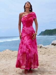 Opulessa 女士碎花连衣裙，适合海滩/度假穿着 - 玫紅色 - 查看 3