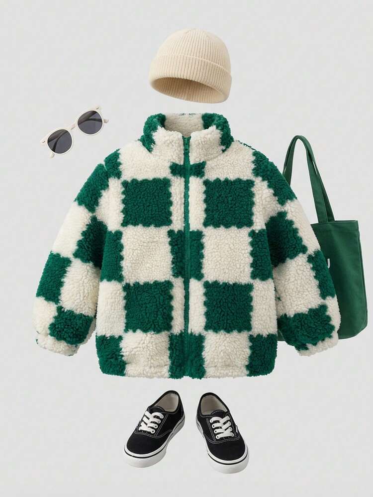 SHEIN 1pc Winter Fashionable Casual Simple Apricot Color With Green Plaid Pattern Fur Collar Long Sleeve Jacket, Suitable For School And Daily Wear,Jacket - Green - View 2