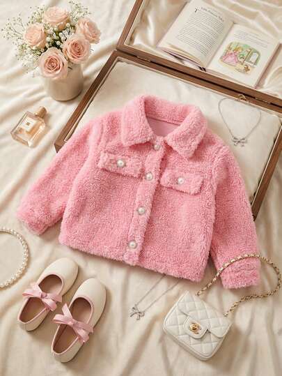 SHEIN 1件女婴甜美可爱优雅粉色纯色仿毛皮绒毛泰迪绒质感珍珠纽扣长袖翻领夹克外套冬季外套加厚柔软舒适上衣适合派对婚礼日常穿着秋冬季