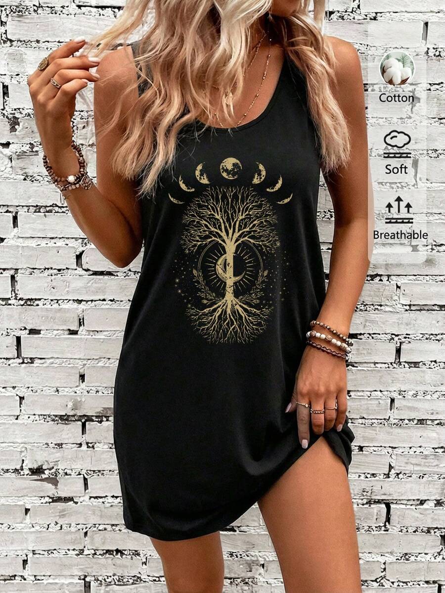 SHEIN LUNE Casual Minimalist Tree & Moon Print Sleeveless Dress, Suitable For Summer Spring,Casual - Black - View 1