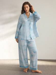 Ocili 大码女式舒适几何山纹图案翻领宽松长袖上衣和裤子睡衣套装，自然色，冬季服装 - 藍色 - 查看 5