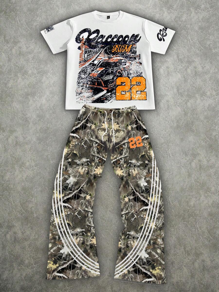 Manfinity Roghcode ZONE917 Loose Camo Striped Distressed Faded Colorful 22 Racing Short Sleeve T-Shirt And Sweatpants Set - Multicolor - View 1