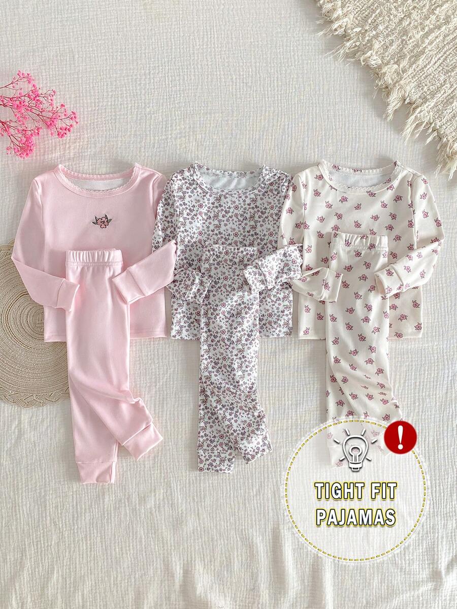 6件套柔软舒适女婴碎花睡衣套装，包含长袖上衣和裤子，休闲优雅家居服 - 彩色 - 查看 1