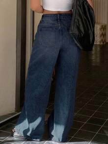 DAZY 女式低腰设计腰带直筒牛仔裤 - 中等水洗藍 - 查看 4