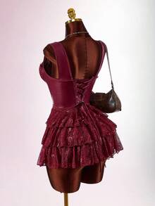 Amplova Boho Style Low-Cut PU & Lace Patchwork Waist A-Line Flowy Mini Dress - Burgundy - View 7