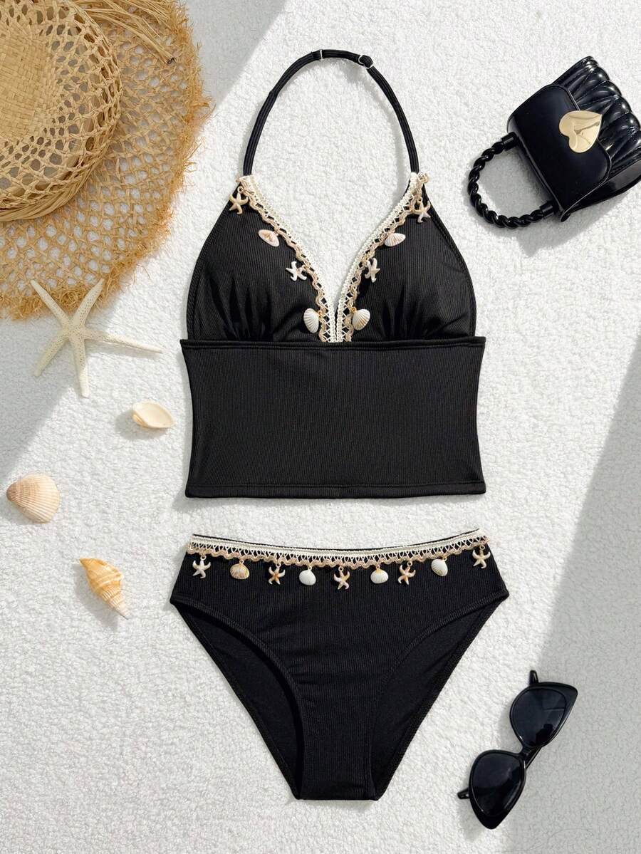 SHEIN 少女黑色罗纹面料贝壳和海星装饰细肩带可调节比基尼套装 - 黑色 - 查看 1