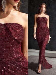 MOTF Soiréza WOMEN'S SEQUIN BANDEAU LONG PROM DRESS - Burgundy - View 2