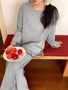 DAZY Bộ đồ ngủ ren lưới chấm bi dành cho nữ - Xám - Xem 4