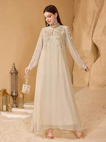 SHEIN Najma Elegant Lace Trim Beaded Decor Women's Arabic Style Dress Kaftan Jalabiya Dress - Apricot - View 3