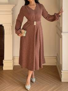 Dazy Plus Vestido elegante de manga larga con cuello en V ajustado y elástico, estilo Gugu, adecuado para banquetes, citas, fiestas, primavera/otoño