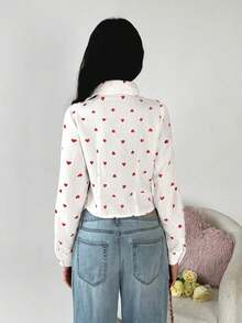 TRNVIE Women's Heart Print Long Sleeve Cropped Fitted Fashionable Sexy Blouse - Red and White - View 2