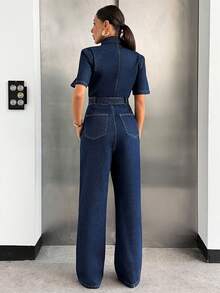 SHEIN Zipper Front Short Sleeves Casual Denim Jumpsuit - Dark Wash - View 2