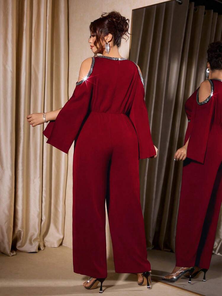 Elenzga Mono de manga larga con hombros descubiertos y abertura, de talla grande, elegante para fiestas y reuniones - Rojo - Añade 3