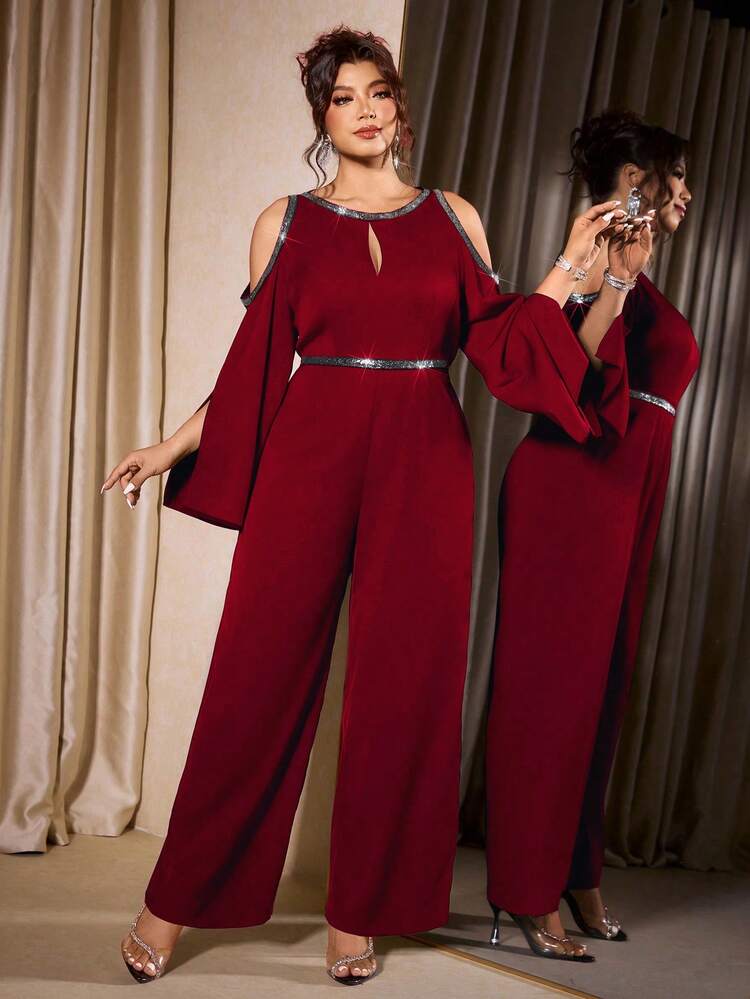 Elenzga Mono de manga larga con hombros descubiertos y abertura, de talla grande, elegante para fiestas y reuniones - Rojo - Añade 4