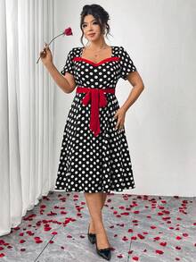 Elenzga Elegante vestido de mujer de talla grande con cintura ceñida y estampado de lunares vintage y elegante, adecuado para fiestas