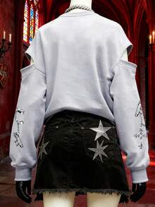 Glimmora Women's Cross Chain Print Hollow Out Long Sleeve Casual Loose Crew Neck Sweatshirt - Light Grey - View 2