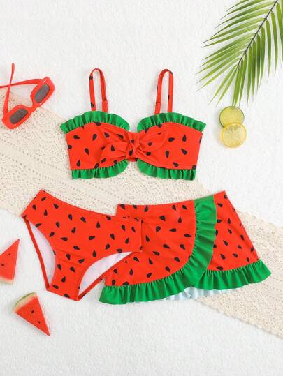 3件套女童西瓜籽滚边弹力速干舒适针织泳衣套装，适合海滩、泳池、海边、冲浪、度假、夏季旅行
