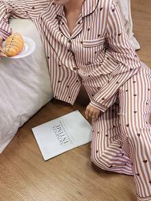 Dream Adore Heart Striped Print Lapel Long Sleeve Pajama Set - Brown - View 5